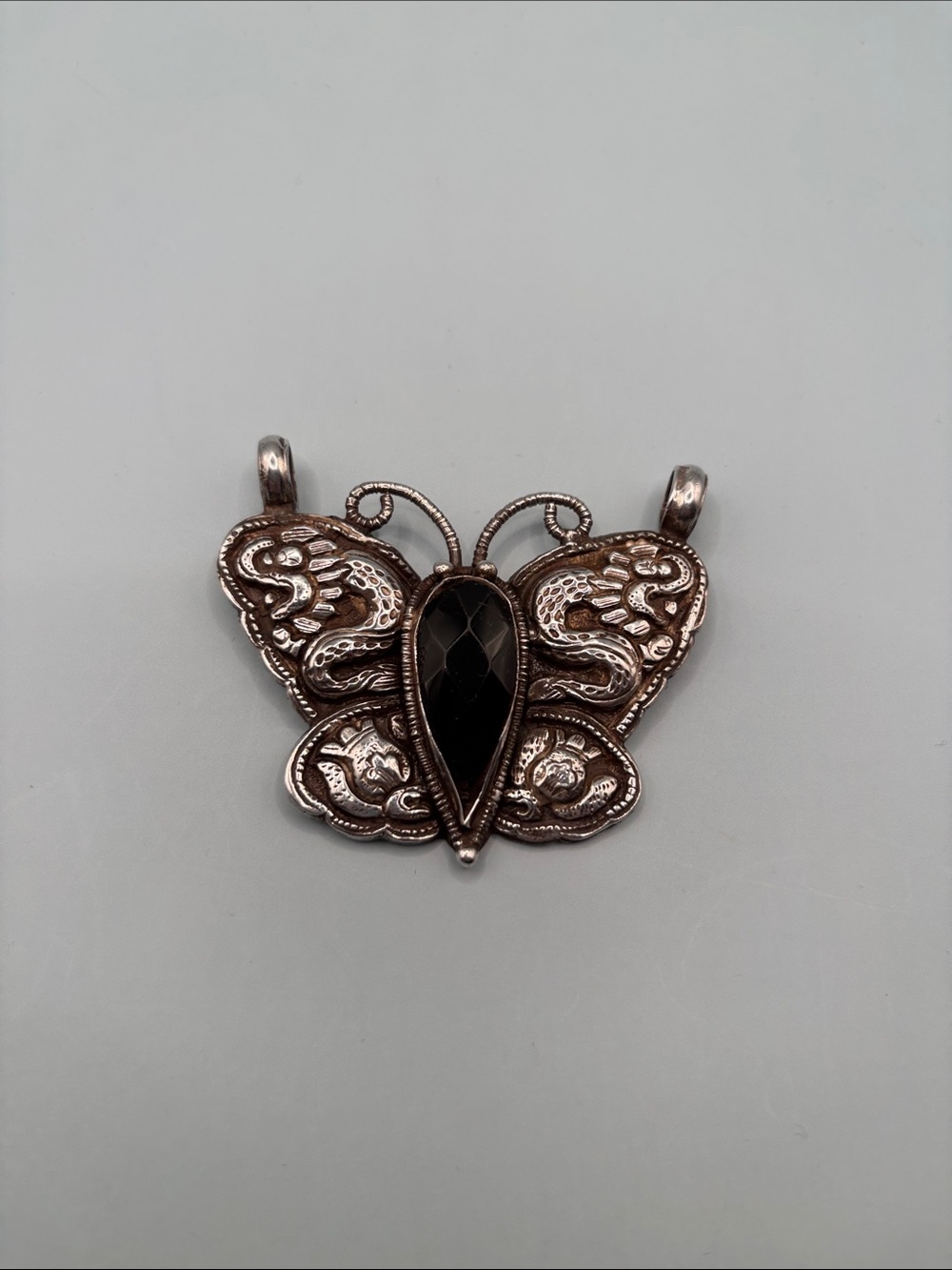 Dramatic Silver and Black Crystal Butterfly &Dragon Pendant Necklace